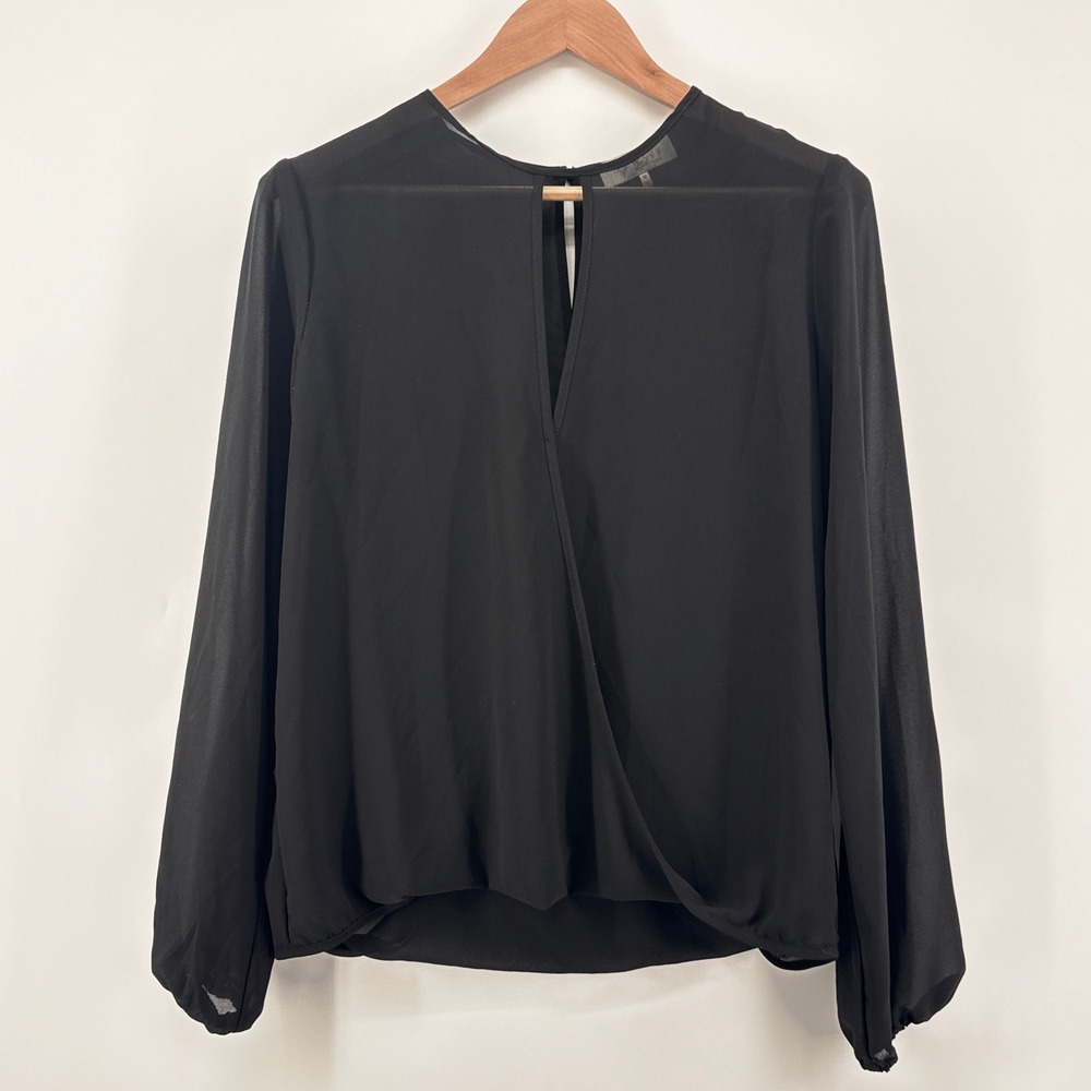 WAYF Womens Black Long Sleeve Surplice Blouse Keyhole Back Made in USA Medium